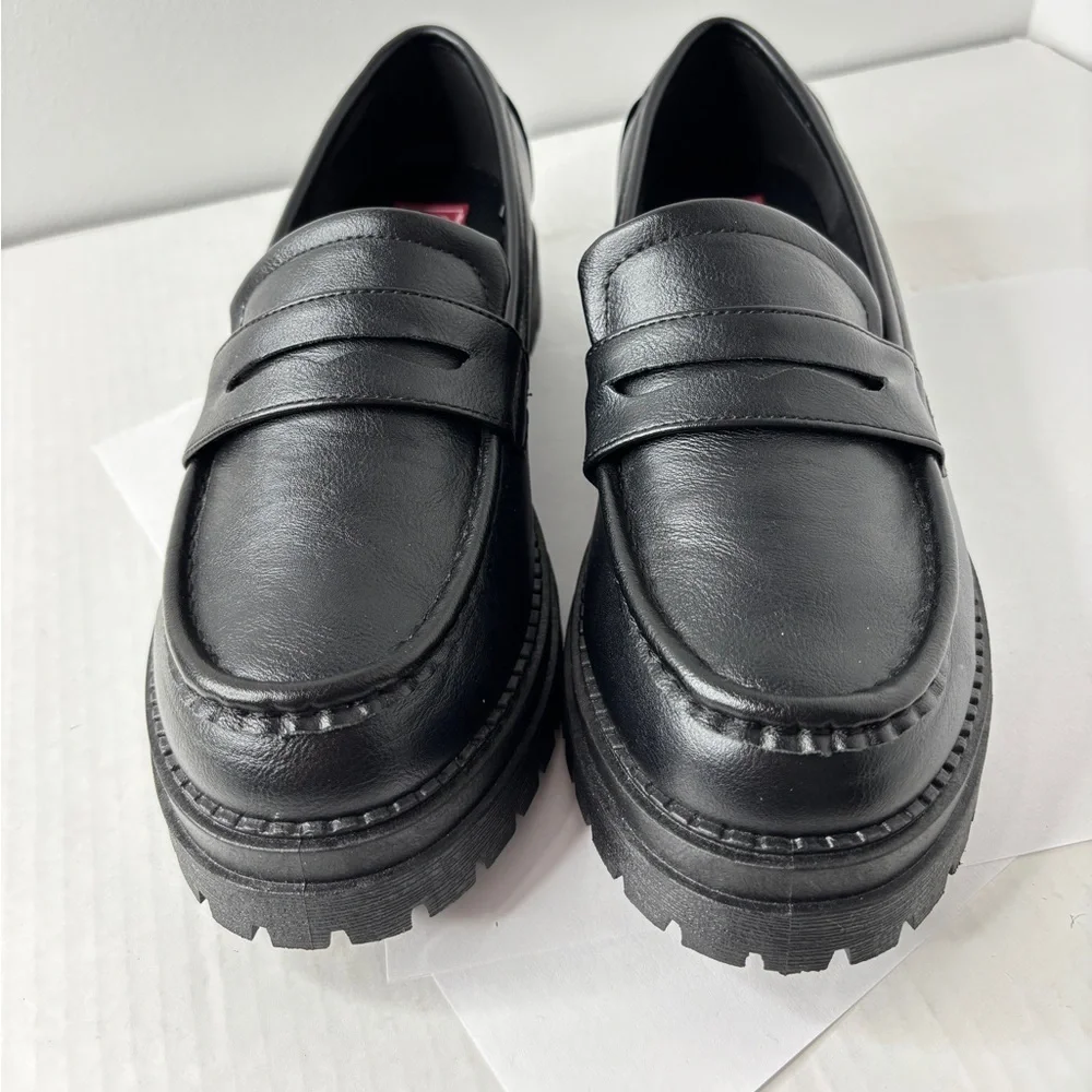 POP Womens Chunky Platform Penny Loafers Black Faux Leather Shoe Size 10 Gothic